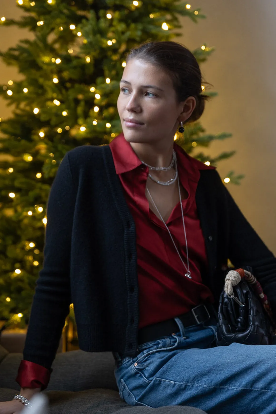 Bluse - Slim Fit Satin Ruby Ink