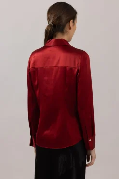 Bluse - Slim Fit Satin Ruby Ink