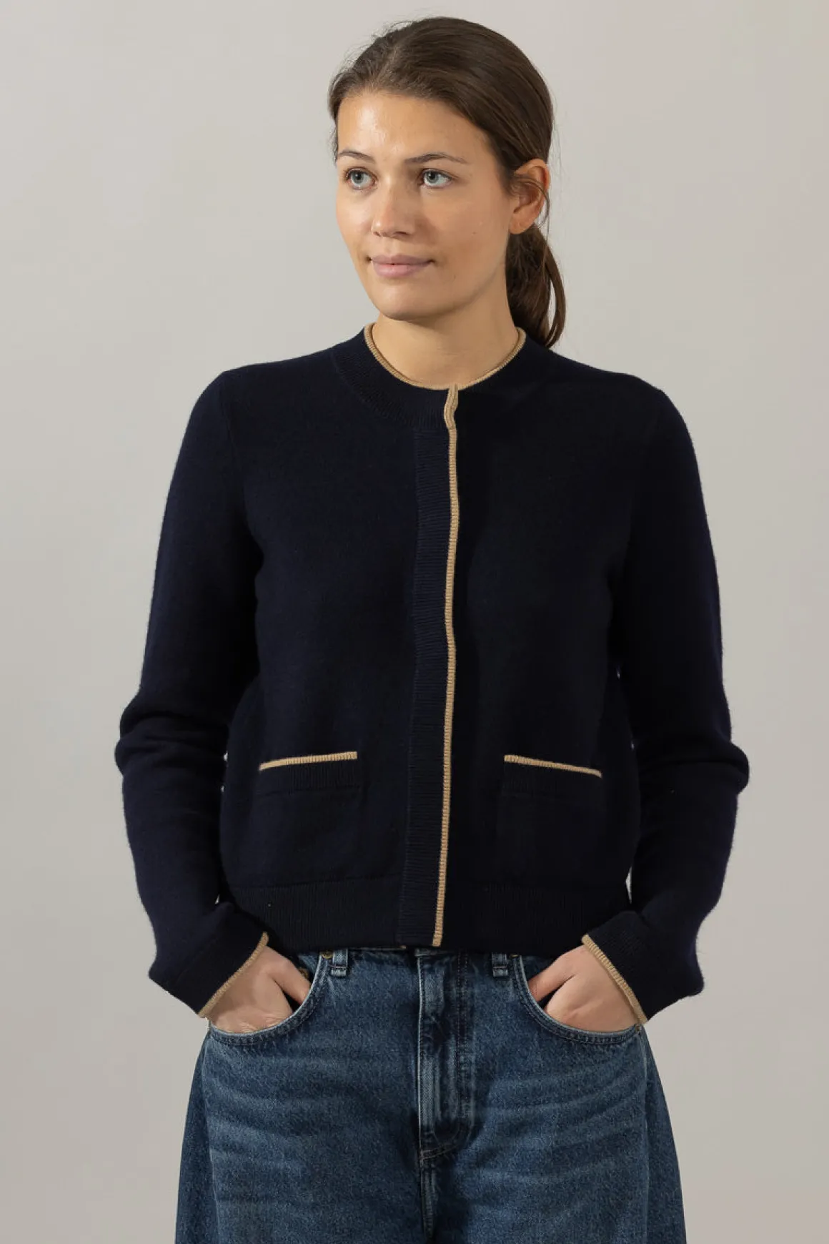 Cardigan - Contrast Tipped Coastal/Sable